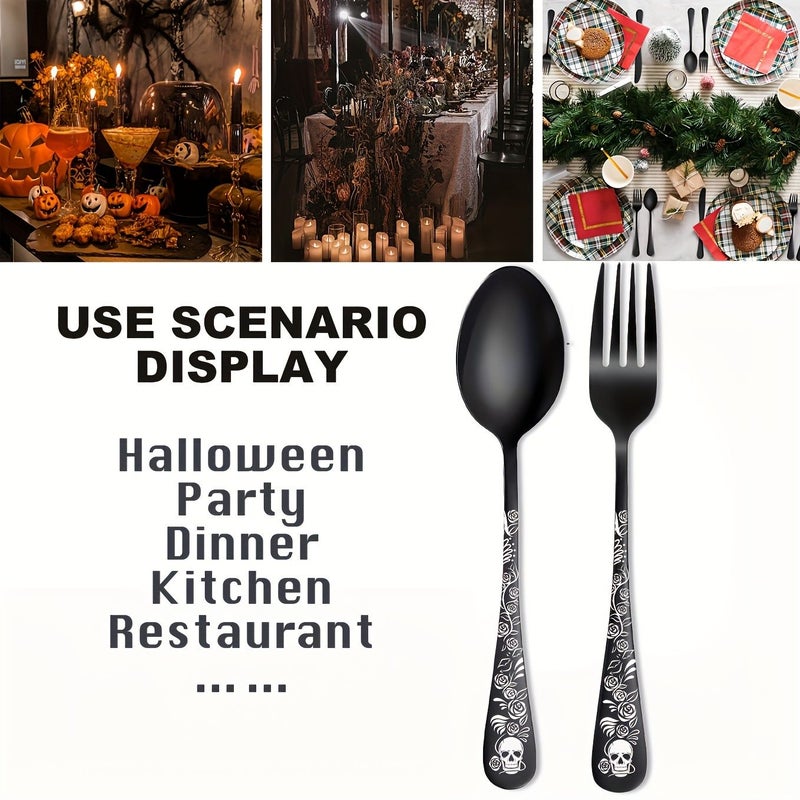 Gothic Black Skull And Rose Design Flatware Set 12pcs 6 Spoons 6 Forks Steel Cutlery Set For Halloween Christmas Easter Thanksgiving Durable Spoons And Forks For Dessert And Dining - Image 5