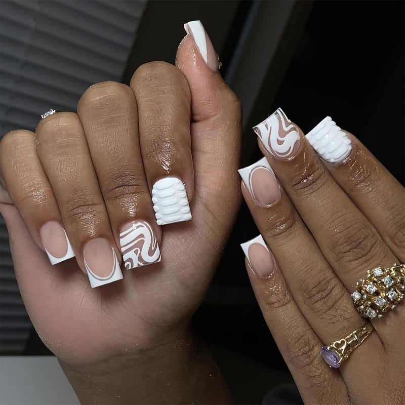 MKWNTG French Tip Press On Nails - Square, Short, Glossy, Full Cover, White Striped Design, Reusable Artificial Acrylic Nails for Women & Girls (24Pcs) - Image 1