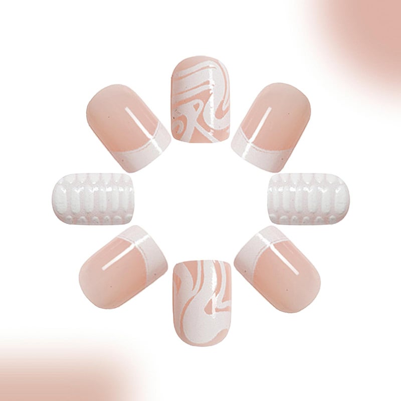 MKWNTG French Tip Press On Nails - Square, Short, Glossy, Full Cover, White Striped Design, Reusable Artificial Acrylic Nails for Women & Girls (24Pcs) - Image 4