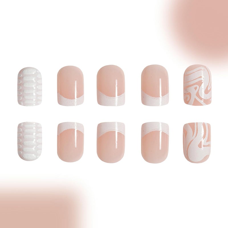 MKWNTG French Tip Press On Nails - Square, Short, Glossy, Full Cover, White Striped Design, Reusable Artificial Acrylic Nails for Women & Girls (24Pcs) - Image 3