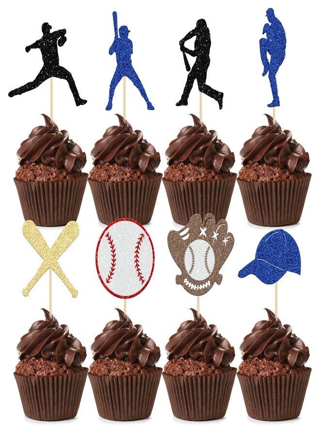 Ephlyn 24Pcs Baseball Cupcake Toppers Glitter Baseball Players Sports Theme Cupcake Picks Baseball Sport Theme Baby Shower Kids Birthday Party Cake Decorations Supplies - Image 1
