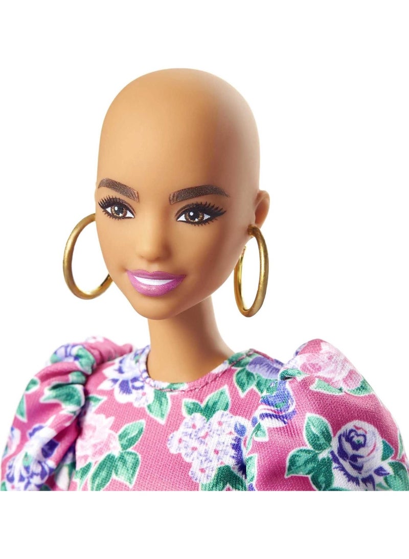 Barbie Fashionista Doll #150 with No-Hair Look Wearing Pink Floral Dress, White Booties & Earrings, Toy for Kids 3 to 8 Years Old - Image 5