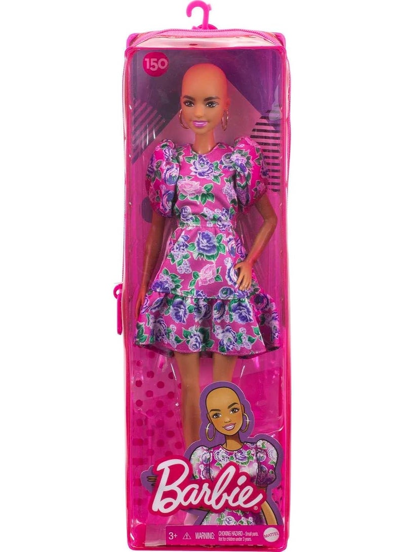 Barbie Fashionista Doll #150 with No-Hair Look Wearing Pink Floral Dress, White Booties & Earrings, Toy for Kids 3 to 8 Years Old - Image 1