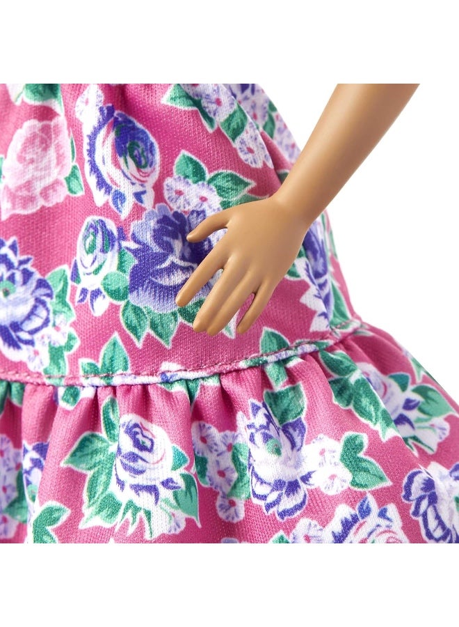 Barbie Fashionista Doll #150 with No-Hair Look Wearing Pink Floral Dress, White Booties & Earrings, Toy for Kids 3 to 8 Years Old - Image 4