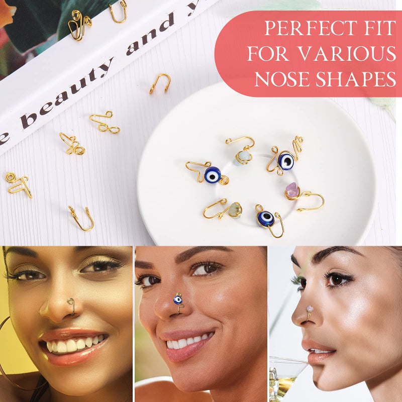 Jadive خاتم أنف مزيف 24 قطعة للنساء والرجال، كوف أفريقي، من الفولاذ المقاوم للصدأ، غير مثقوب، عين شريرة، مشبك مزيف، حلقة أنف للزينة، هدية لعيد الميلاد (ذهبي) - Image 3