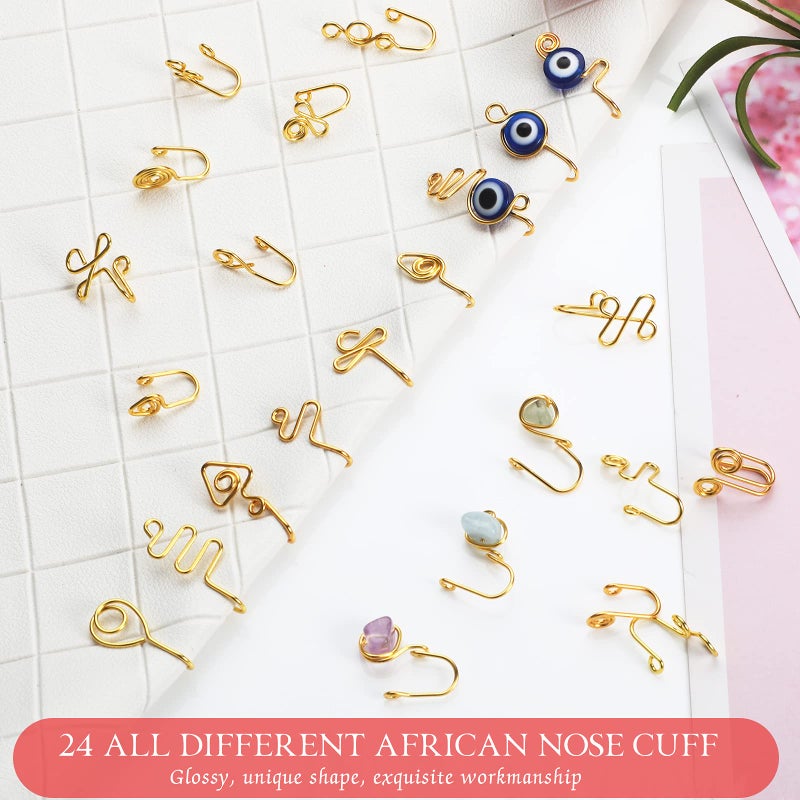 Jadive خاتم أنف مزيف 24 قطعة للنساء والرجال، كوف أفريقي، من الفولاذ المقاوم للصدأ، غير مثقوب، عين شريرة، مشبك مزيف، حلقة أنف للزينة، هدية لعيد الميلاد (ذهبي) - Image 5