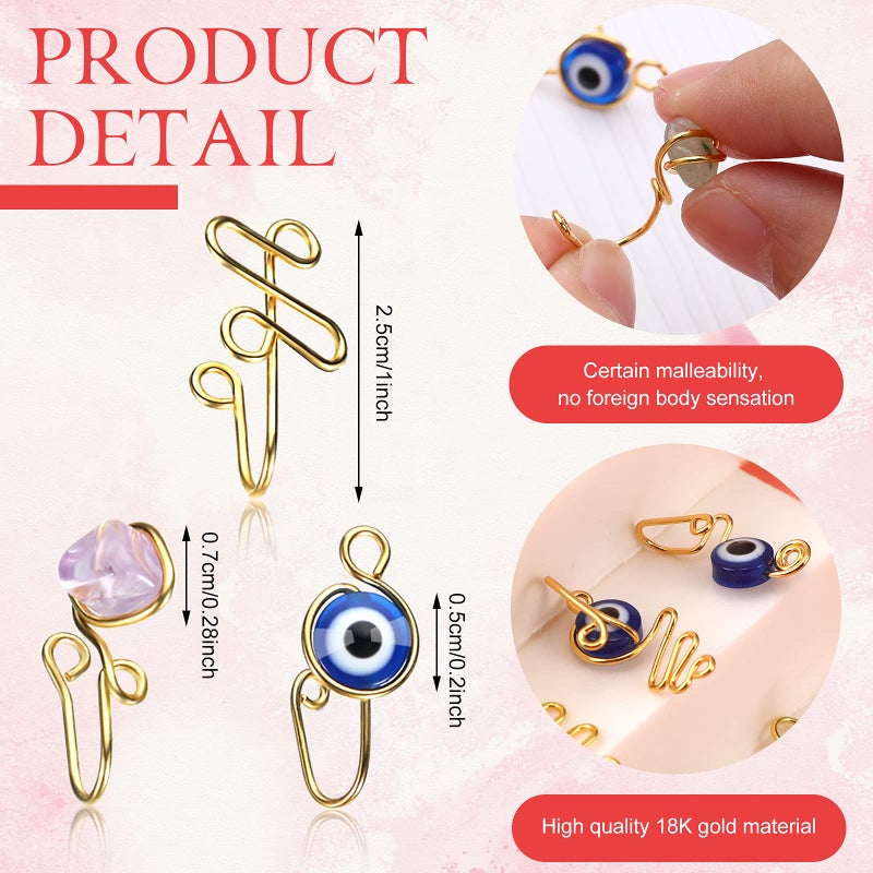 Jadive خاتم أنف مزيف 24 قطعة للنساء والرجال، كوف أفريقي، من الفولاذ المقاوم للصدأ، غير مثقوب، عين شريرة، مشبك مزيف، حلقة أنف للزينة، هدية لعيد الميلاد (ذهبي) - Image 2