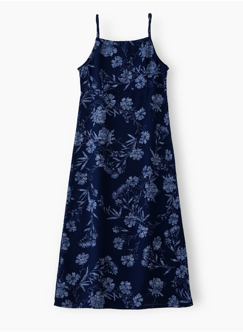 Jelliene Girls' Navy Blue Floral Print Spaghetti Strap Maxi Dress  - Image 1