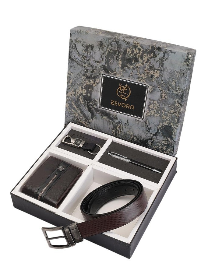 ZEVORA Men’s Gift Set | 4-in-1 Combo with Stylish Wallet, Adjustable Belt, Metal Keychain & Pen | Gift for Men, Husband, Boyfriend, Father | Packaging | Birthday/Corporate gift/Anniversary - Image 1
