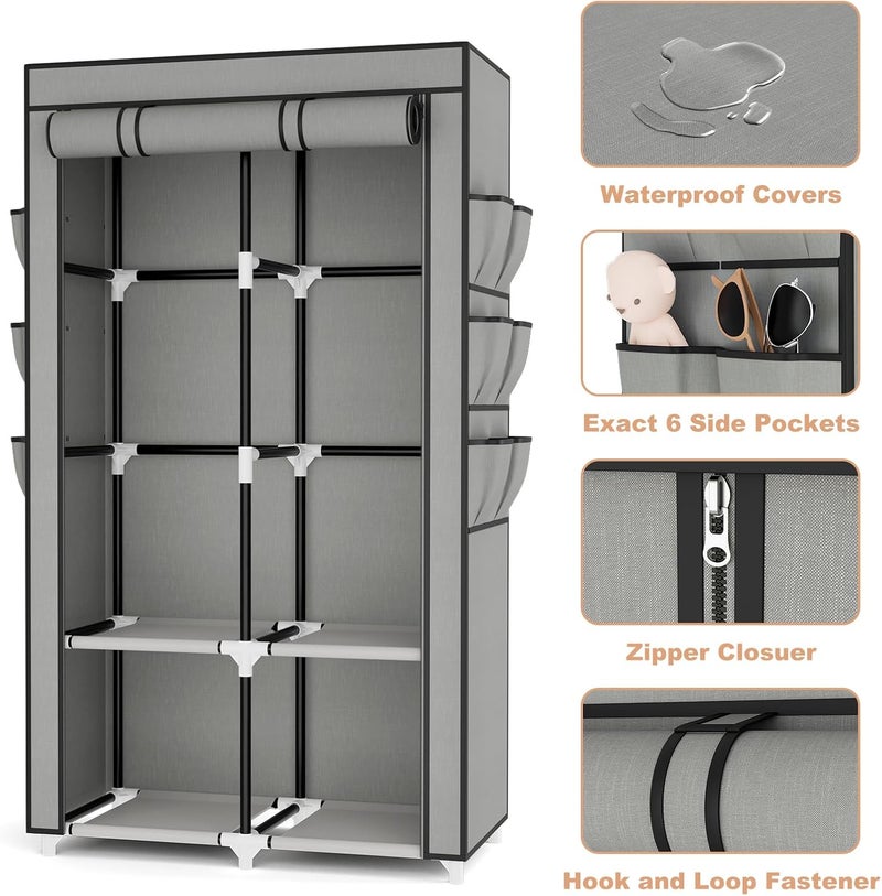 VTRIN Portable Closet Wardrobe for Hanging Clothes with 4 Storage Shelves, 2 Hanging Rods and 6 Pockets, Stable and Easy Assembly Clothes Rack with Cover Free Standing Closet for Bedroom, Grey - Image 4