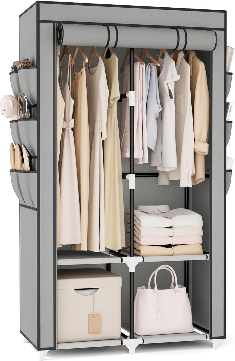 VTRIN Portable Closet Wardrobe for Hanging Clothes with 4 Storage Shelves, 2 Hanging Rods and 6 Pockets, Stable and Easy Assembly Clothes Rack with Cover Free Standing Closet for Bedroom, Grey - Image 1