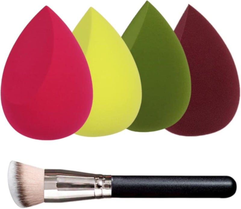 TATORERA 4+1Pcs Makeup Sponges with Flat Head Foundation Brush, makeup sponges the softest for foundation Liquid Cream and Powder, Sponge Blender and Kabuki Brush, Beginner Beauty Tool.