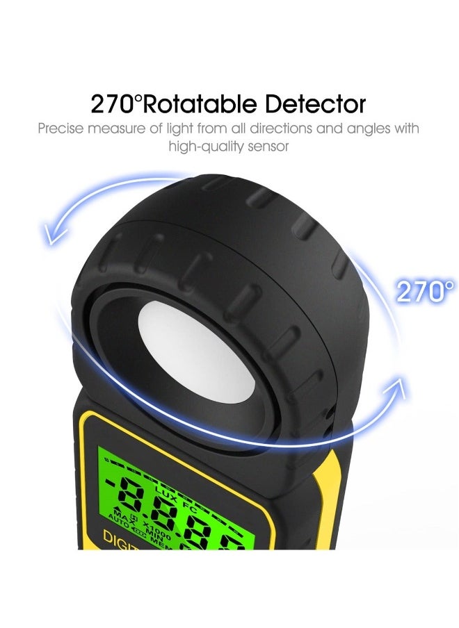 Generic - Handheld Digital Illuminance Light Meter, Measure Range Up to 400,000Lux (0.01~40,000 FC), 270º Rotated Sensor, Backlight, for Foot Candles, Plants, LED Lights - Image 1