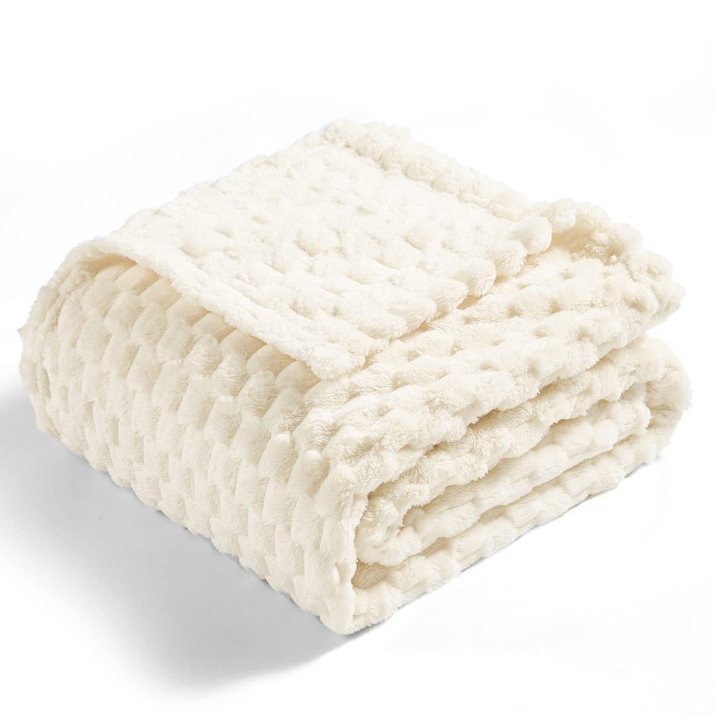 Vessia Flannel Fleece Throw Blanket50x70 inch 3D Jacquard Cream Fuzzy and Warm Blanket for CouchSofaBedChair 300GSM Super Soft Touch Cozy Lightweight Throw for AllSeason Home Decor