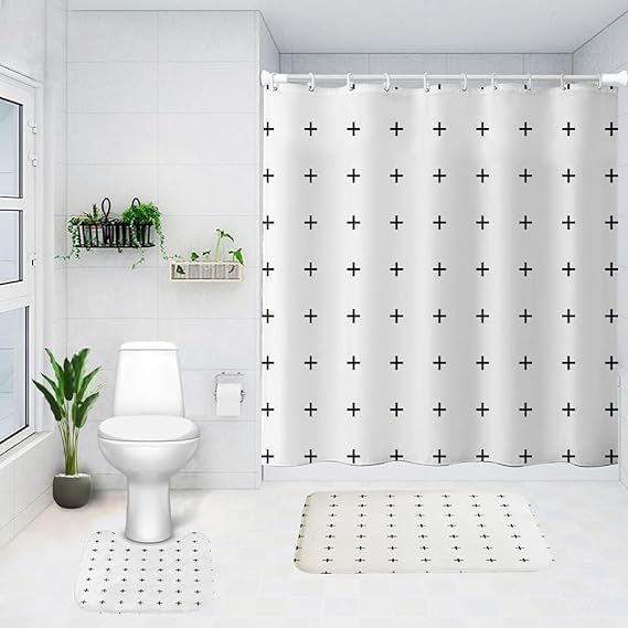Kuber Industries Kuber Industries Shower Curtain & Bathmat Set | Non-Slip Bath mats for Bathroom | Easy-Slide Curtains | Polyester Curtain or Bathmat for Bath Décor | YX0149-3T | 3 Pcs Set | Multicolor  - Image 1
