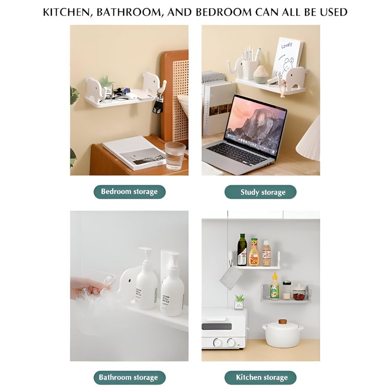 Keaton Elephant Artwork Shelf Adhesive Floating Wall Mount for Your Office, Bedroom, Kitchen, Bathroom etc. (Pack of 1,Plastic-White) - Image 4