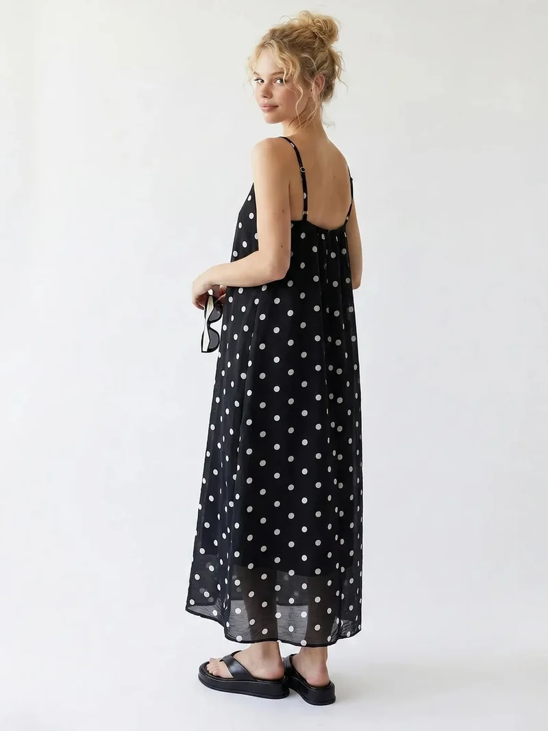 Mixray Black MIXRAY Polka Dot A-Line Maxi Dress for Women | Best Price UAE