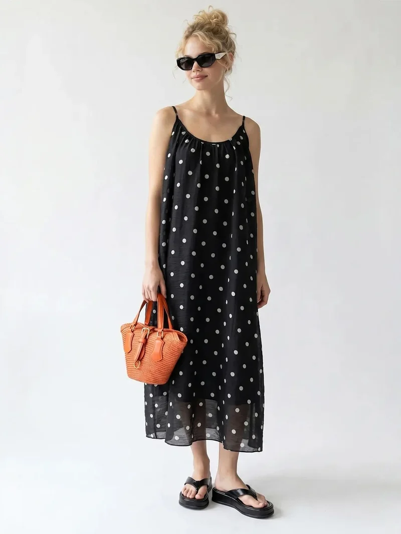 Mixray Black MIXRAY Polka Dot A-Line Maxi Dress for Women | Best Price UAE