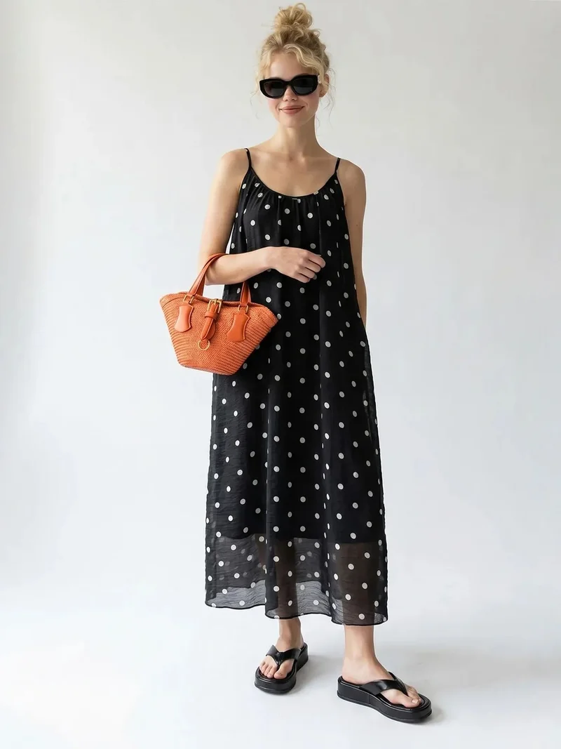 Mixray Black MIXRAY Polka Dot A-Line Maxi Dress for Women | Best Price UAE