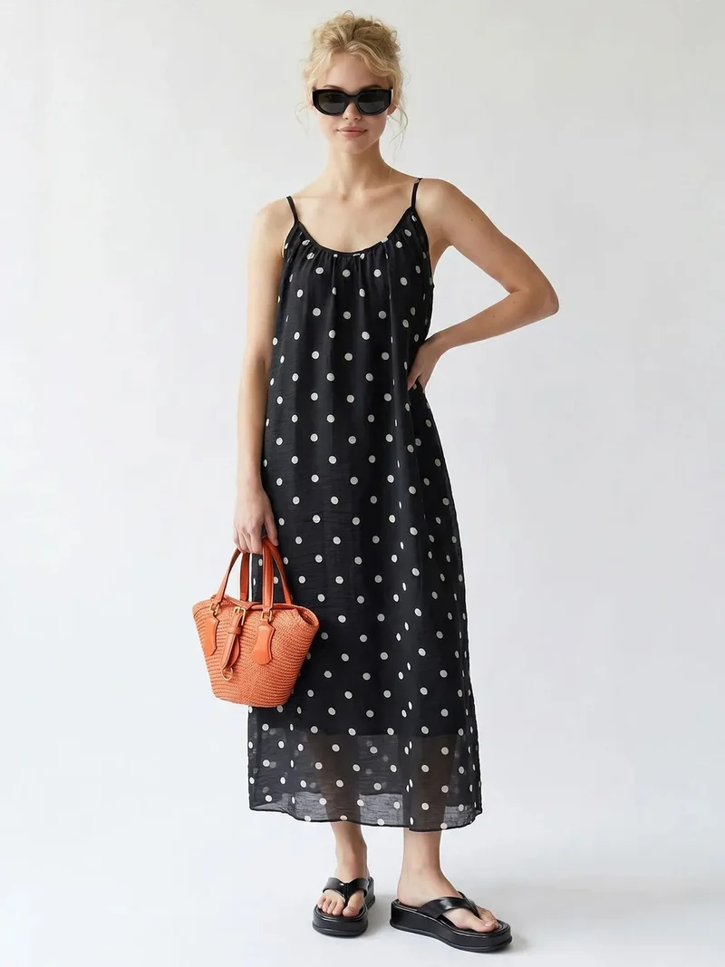 ميكسراي MIXRAY Polka Dot A-Line Maxi Dress