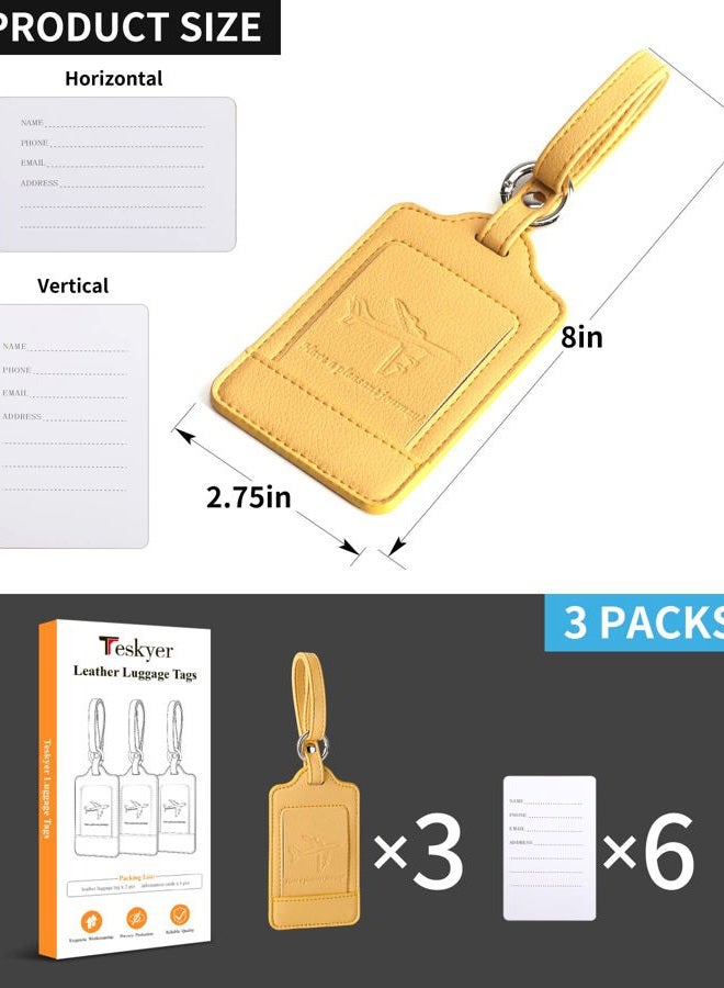Teskyer Luggage Tags, 3 Pack Premium PU Leather Luggage Tags for Suitcases, Privacy Protection Travel Bag Tags, Lichee Yellow - Image 4
