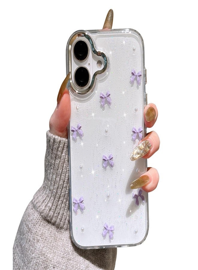 EYZUTAK Case for New Phone, Bling Glitter 3D Bowknot Phone Case Cute Sparkly Crystal Clear Bow Aesthetic Design Slim Soft Durable TPU Transparent Protective Cover for Women Girl - Purple Bow - Image 1