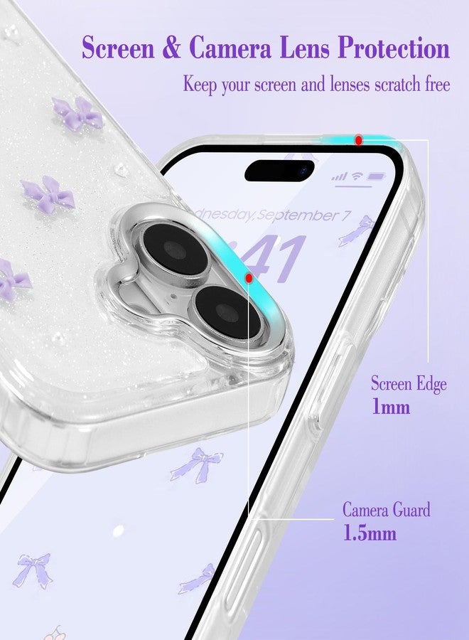 EYZUTAK Case for New Phone, Bling Glitter 3D Bowknot Phone Case Cute Sparkly Crystal Clear Bow Aesthetic Design Slim Soft Durable TPU Transparent Protective Cover for Women Girl - Purple Bow - Image 2