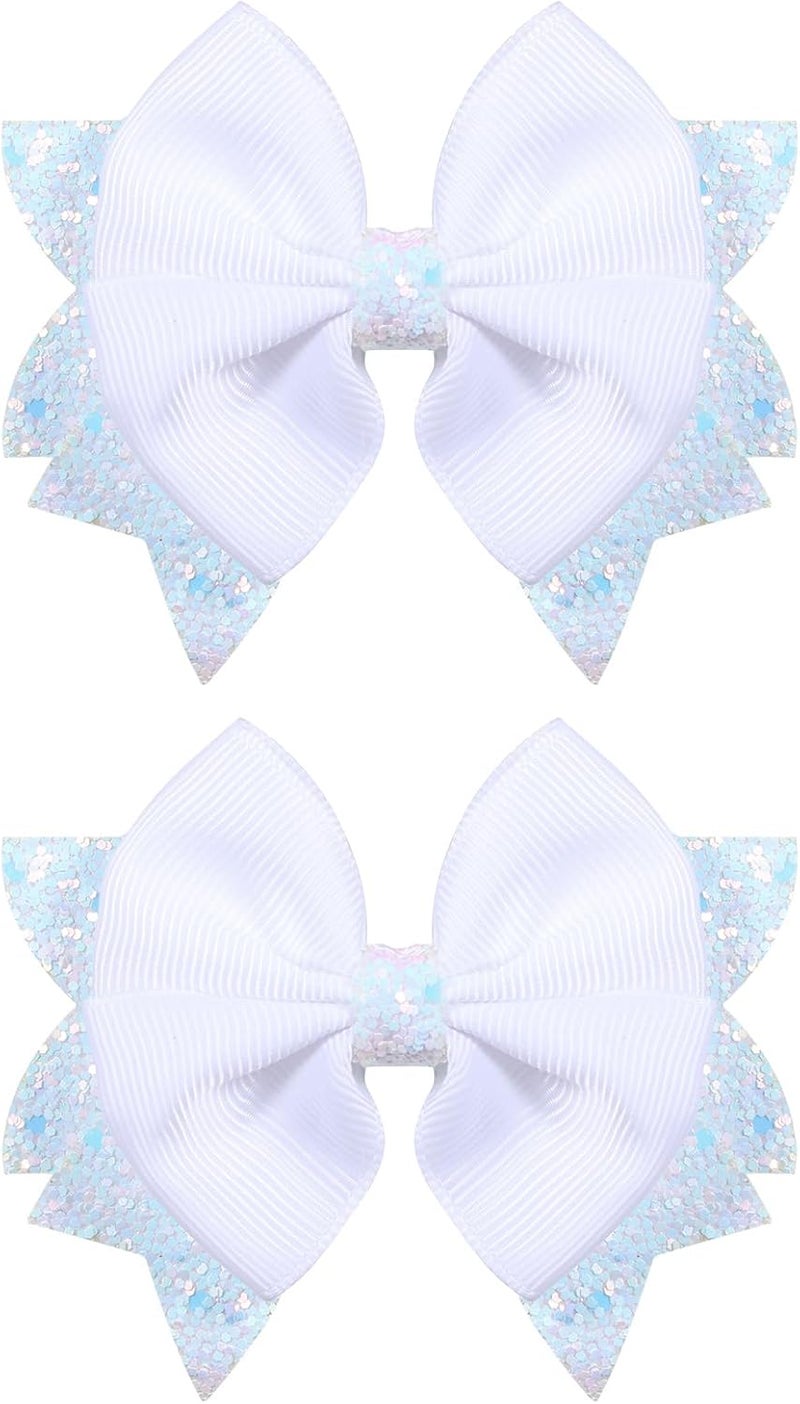 KCHIES 3.5-Inch Boutique Hair Bows Glitter White Ribbon Bow-Knot Alligator Clips Hairpins for Teen Toddler Flower Girls Kids Women Wedding Christmas Dress Decor Accessory Birthday Gift - Image 1