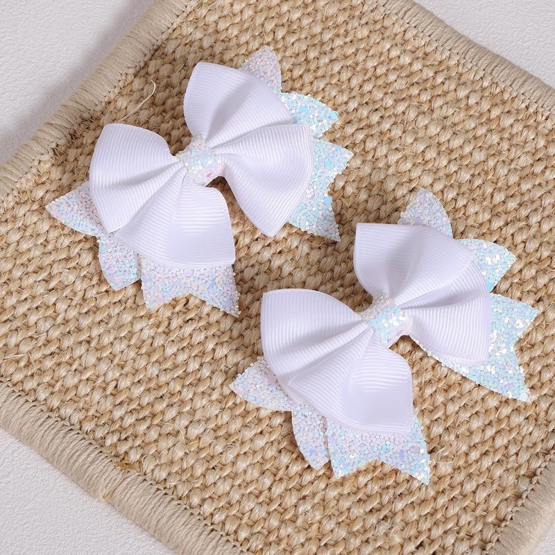 KCHIES 3.5-Inch Boutique Hair Bows Glitter White Ribbon Bow-Knot Alligator Clips Hairpins for Teen Toddler Flower Girls Kids Women Wedding Christmas Dress Decor Accessory Birthday Gift - Image 2