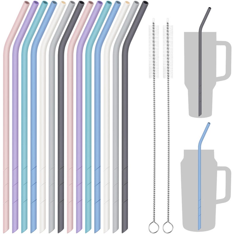 NiHome 14PCS Silicone Straws for Stanley 40oz 30oz Tumbler, 14â€ Extra Long Reusable Drinking Straw, Flexible Can Cut Length for 1/Half Gallon 75 64 OZ Large Water Bottle - 2 Cleaning Brushes (Macaron) - Image 1
