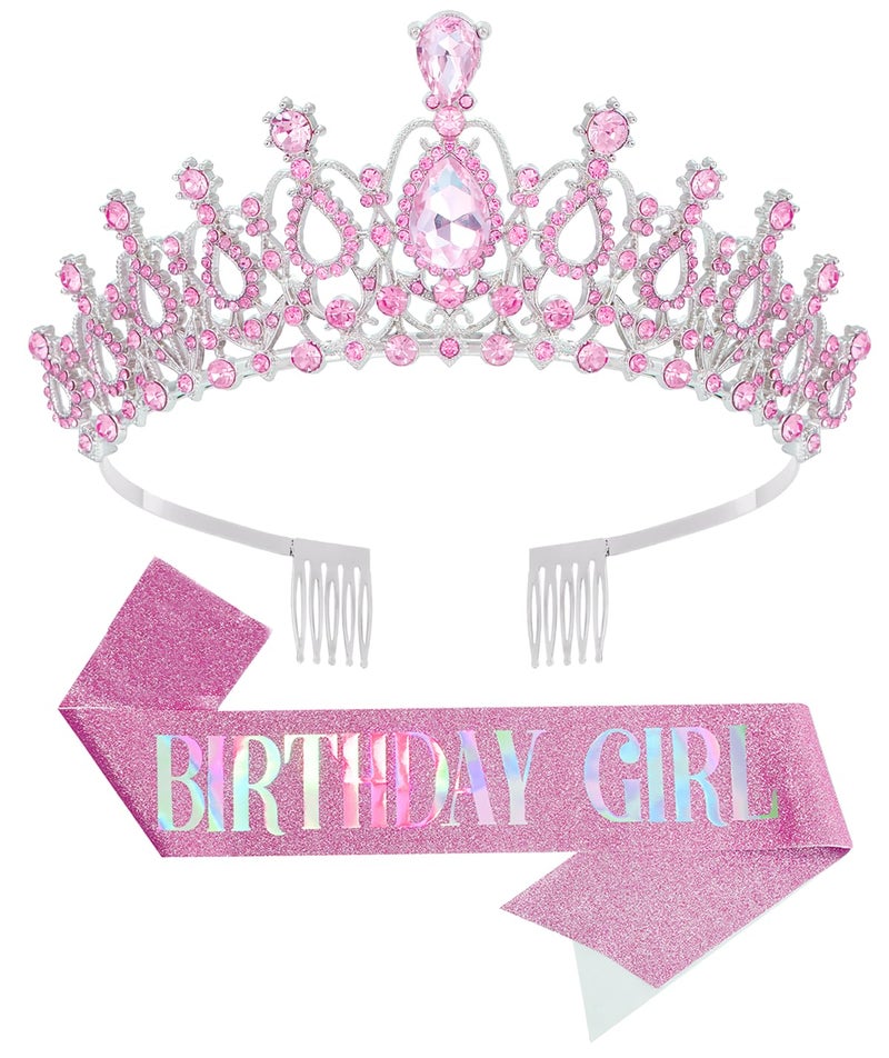 Papoopy Birthday Tiara and Crown with Sash for Women, Hair Accessories for Wedding Party Costume (B - Pink) - Image 1