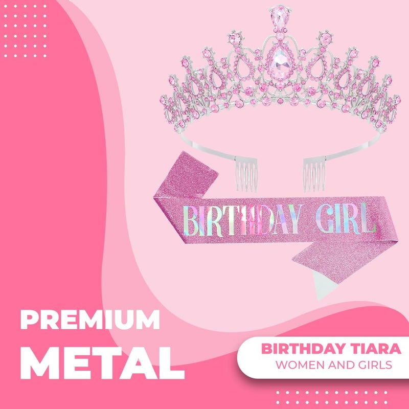 Papoopy Birthday Tiara and Crown with Sash for Women, Hair Accessories for Wedding Party Costume (B - Pink) - Image 2