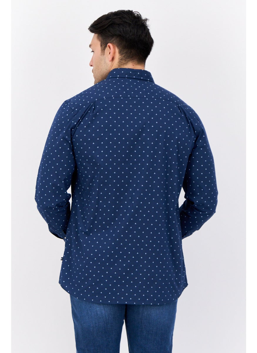 NAUTICA Men Slim Fit Allover Print Long Sleeve Casual Shirt, Navy  - Image 3