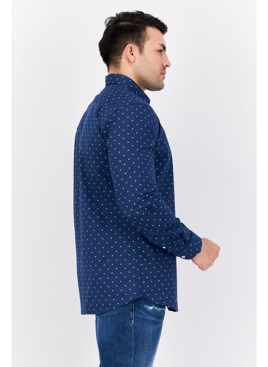 NAUTICA Men Slim Fit Allover Print Long Sleeve Casual Shirt, Navy  - Image 4