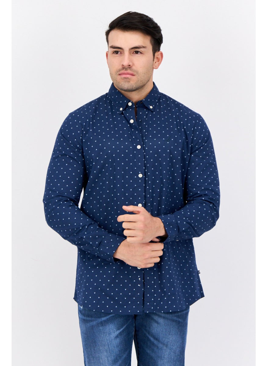 NAUTICA Men Slim Fit Allover Print Long Sleeve Casual Shirt, Navy  - Image 1