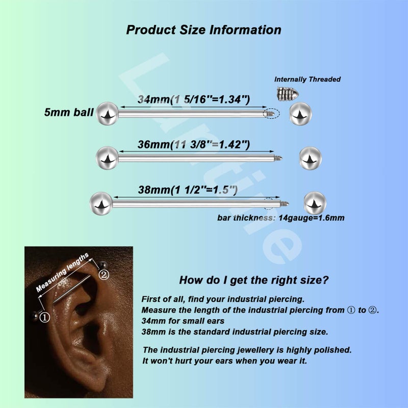 Lantine G23 Titanium Industrial Piercing Jewelry 14G 38mm Industrial Barbell Earrings Bar Piercing Jewelry 1 1/2" - Image 4