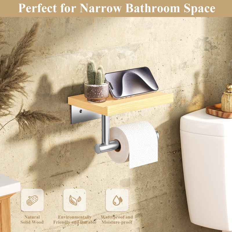 Tindbea Toilet Paper Holder with Wood Shelf  Wooden Wall Mount Tissue Paper Roll Holder  Brushed Nickel Stainless Steel Bathroom Accessories Decor for Home (Maple  Brushed Nickel) - Image 1