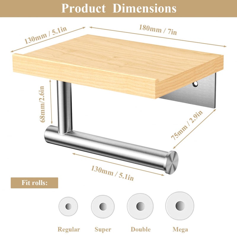 Tindbea Toilet Paper Holder with Wood Shelf  Wooden Wall Mount Tissue Paper Roll Holder  Brushed Nickel Stainless Steel Bathroom Accessories Decor for Home (Maple  Brushed Nickel) - Image 2