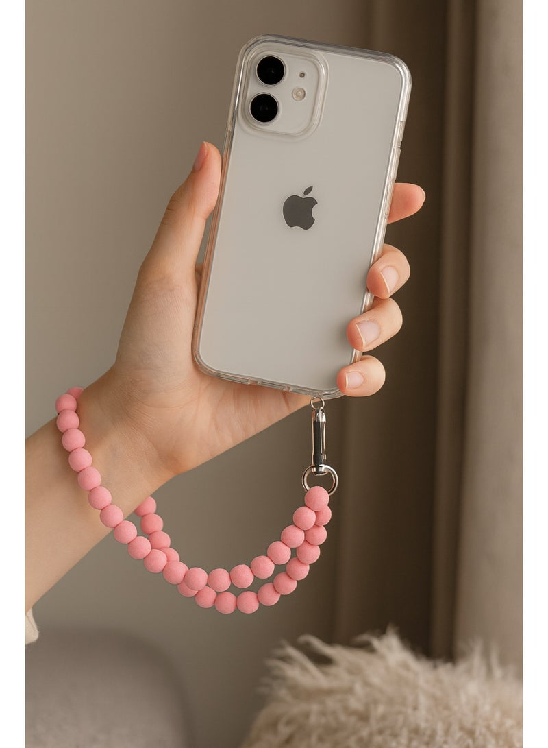 Pink Short Beaded Phone Strap – Soft Silicone Beads with Durable Metal Hook for Daily Use & Phone Safety - Image 1