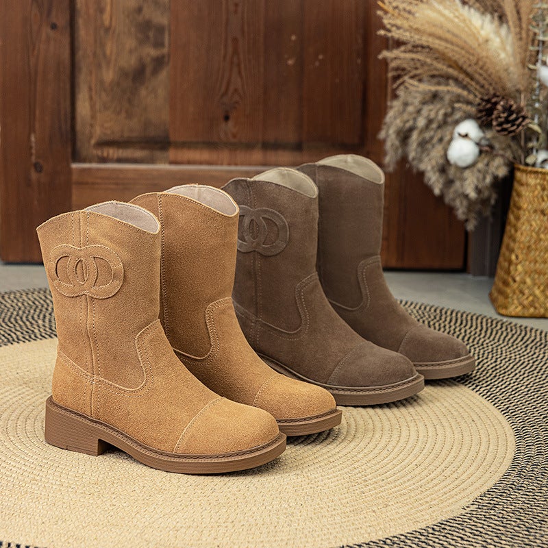 Genuine Leather Retro Short Knight Boots 2025 Thick Heel Western Cowboy Boots Round Toe Small Fragrant Knight Boots - Image 5