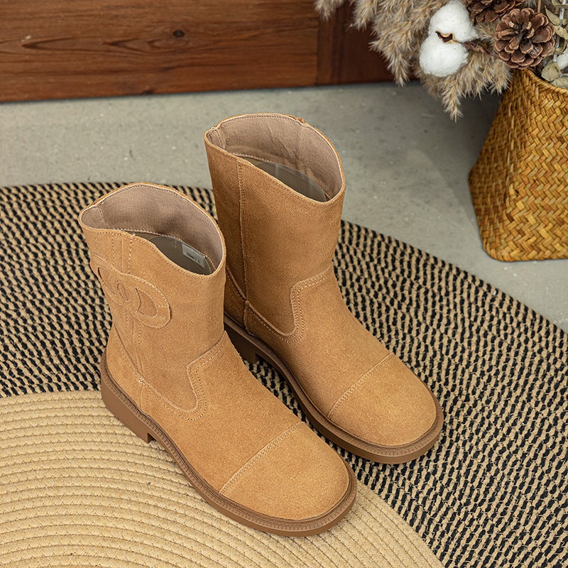 Genuine Leather Retro Short Knight Boots 2025 Thick Heel Western Cowboy Boots Round Toe Small Fragrant Knight Boots - Image 1