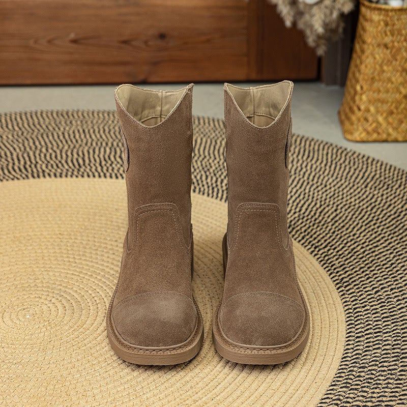 Genuine Leather Retro Short Knight Boots 2025 Thick Heel Western Cowboy Boots Round Toe Small Fragrant Knight Boots - Image 4