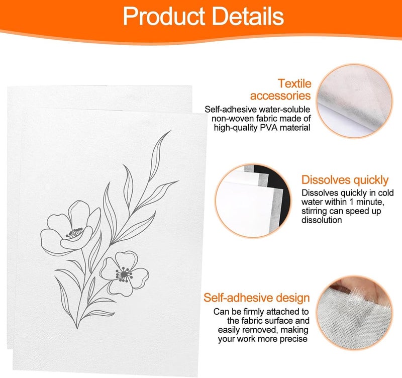 KASTWAVE Set product combo compatible Water Soluble Embroidery Stabilizer Sheets, 12PCS A5 Self-Adhesive Dissolvable Backing Paper 21x15cm, Wash Away Stabilizer for Machine Embroidery, Hand Sewing, Applique, Patch Making, Crafts Repeated use resistant selected material - Image 5