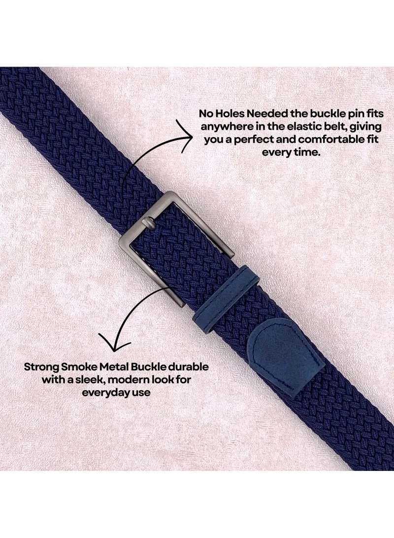 Classic Milano Blue (DWE-315) Classic Milano Braided Cotton Elastic Stretch Belt for Men & Women, Woven Canvas Web Belt with Gift Box, Adjustable Men's Belt | Full Length: 110CM (Free Size - Fits up to the waist of 40 Inches / 100 CM)  | Best Price UAE