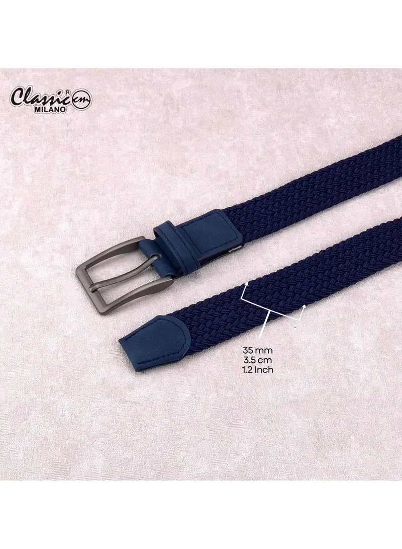 Classic Milano Blue (DWE-315) Classic Milano Braided Cotton Elastic Stretch Belt for Men & Women, Woven Canvas Web Belt with Gift Box, Adjustable Men's Belt | Full Length: 110CM (Free Size - Fits up to the waist of 40 Inches / 100 CM)  | Best Price UAE