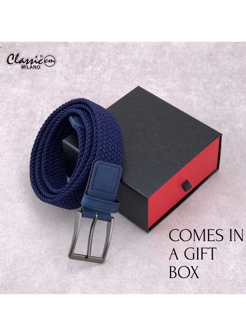 Classic Milano Blue (DWE-315) Classic Milano Braided Cotton Elastic Stretch Belt for Men & Women, Woven Canvas Web Belt with Gift Box, Adjustable Men's Belt | Full Length: 110CM (Free Size - Fits up to the waist of 40 Inches / 100 CM)  | Best Price UAE