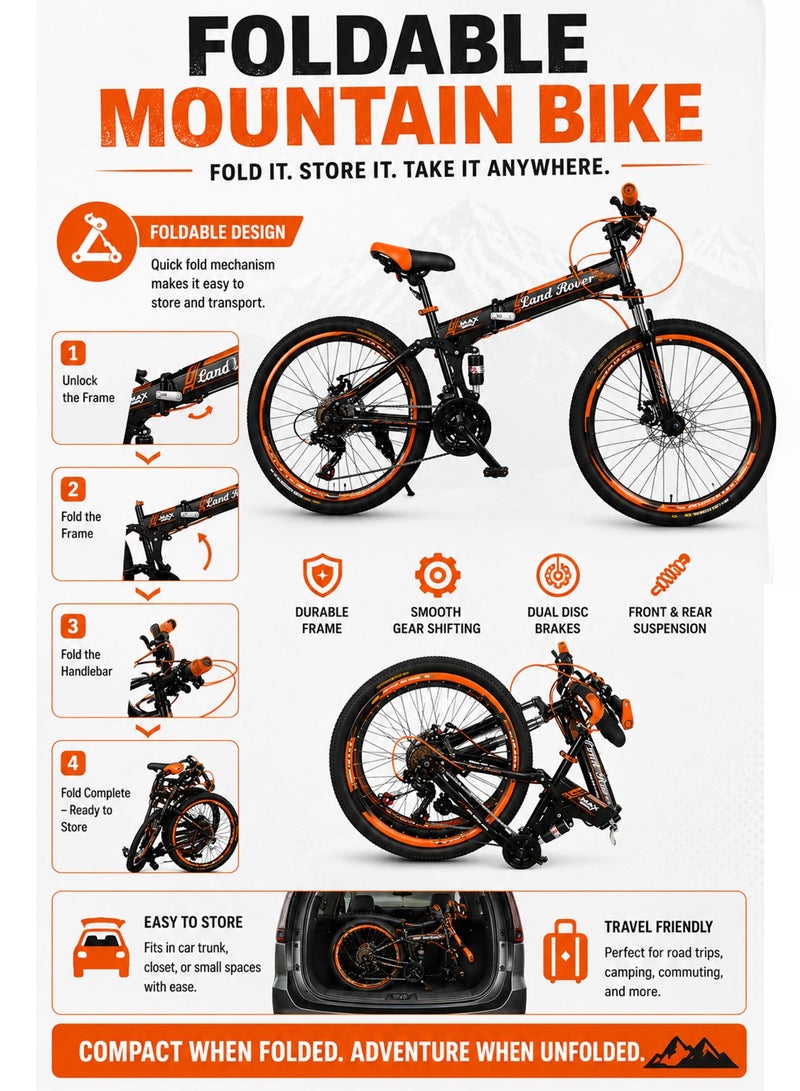 LAND ROVER 26-Inch Folding Bike | 26-Inch Wheel Size | Adjustable Seat | 21-Speed With Carbon Steel Frame | Front Suspension & Dual Disc Brakes | Blue - Image 5
