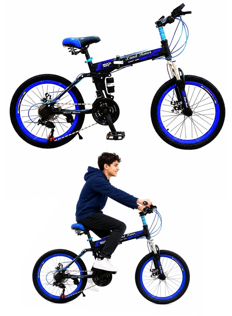 LAND ROVER 26-Inch Folding Bike | 26-Inch Wheel Size | Adjustable Seat | 21-Speed With Carbon Steel Frame | Front Suspension & Dual Disc Brakes | Blue - Image 2
