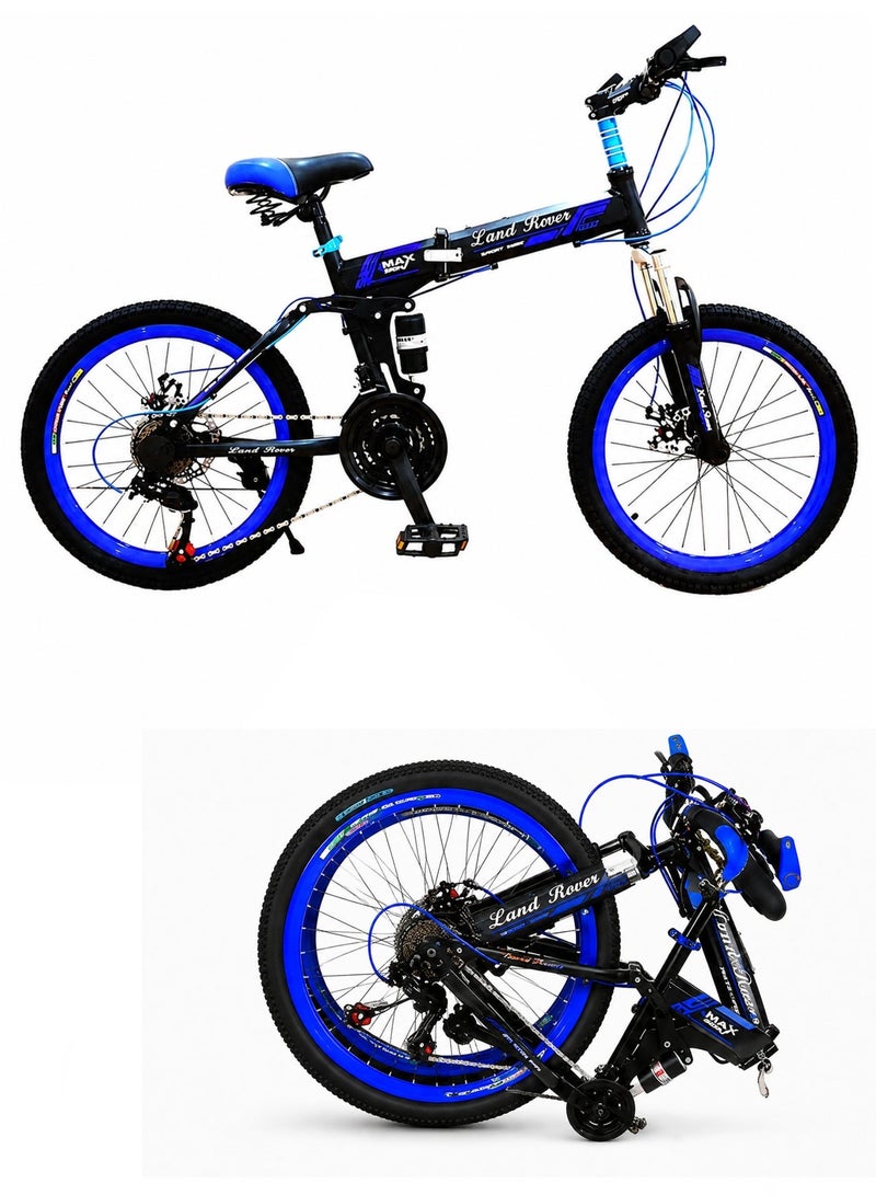 LAND ROVER 26-Inch Folding Bike | 26-Inch Wheel Size | Adjustable Seat | 21-Speed With Carbon Steel Frame | Front Suspension & Dual Disc Brakes | Blue - Image 1