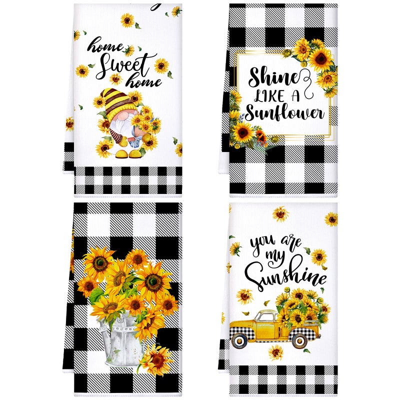 Kajaia 4 Pcs Bee Sunflower Kitchen Towels Summer Gnome Dish Towels Watermelon Lemon Tea Towels Sunshine Hand Towels Absorbent Plaid Towels for Holiday Bathroom Housewarming Gifts(Sunflower) - Image 1